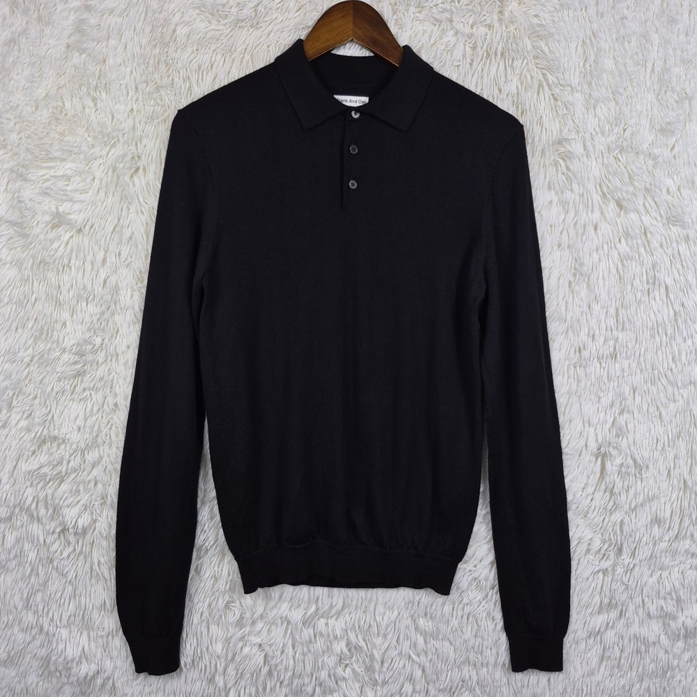 Frank And Oak Mens 100% Merino Wool Long Sleeve Polo Sweater Black XS Minimalist